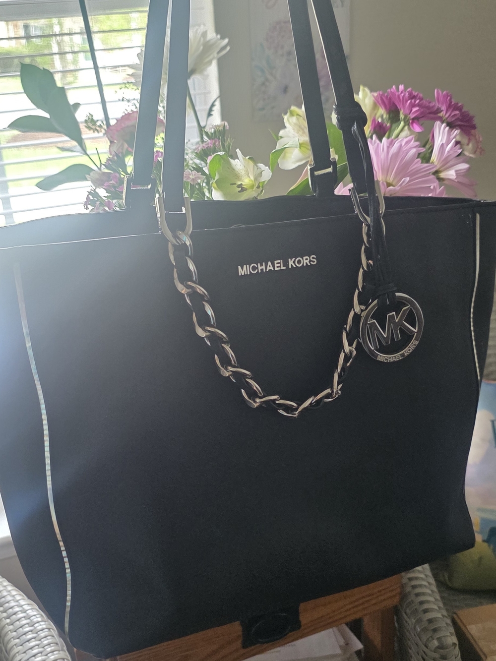 Michael Kors Black Tote with Chain-Link Strap and Logo Charm